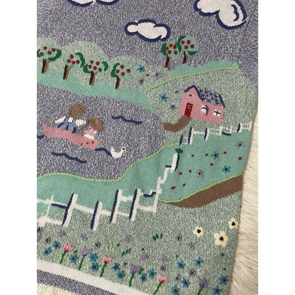Novelty pullover sweater short sleeve pond trees flowers pastoral scene Medium - Picture 2 of 4